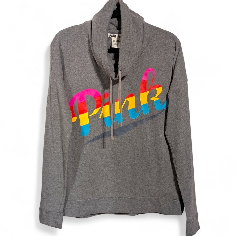 π Vintage Victoria's Secret PINK Cowl Neck Rainbow Logo Sweatshirt Sz S Grayπ - Picture 1 of 7